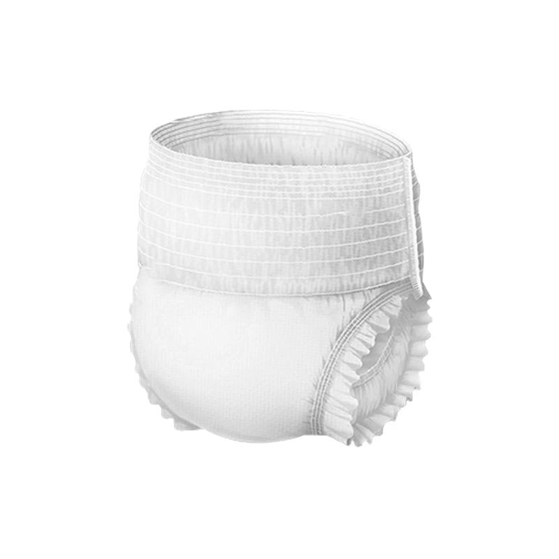 Puting disposable diaper pants na may elastic waistband at ruffled na mga gilid.
