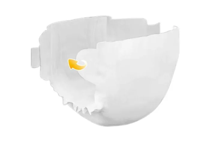 Ilustración de un pañal desechable para adulto de color blanco con una flecha que resalta la cinta elástica lateral.