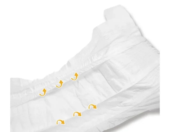 Un pañal blanco con indicadores de cinta elástica lateral de color amarillo.