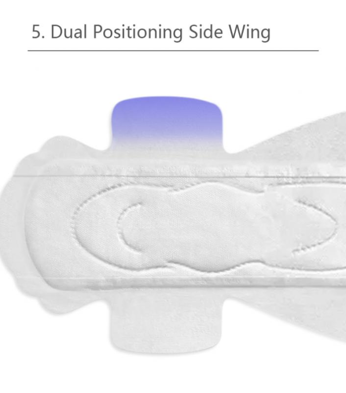 Close-up ng isang nighttime sanitary pad na may label na dual positioning side wing.