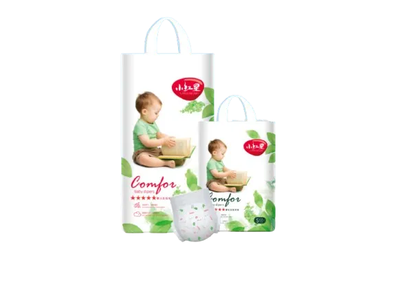 HuiKang Diaper packaging na may nakaupong sanggol at berdeng disenyo ng dahon.