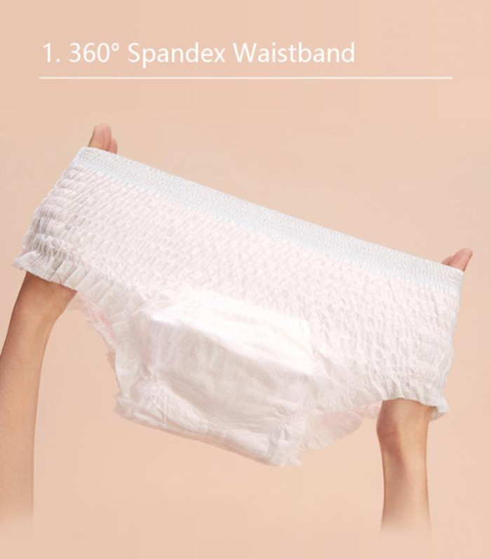 Mga kamay na may hawak na puting Menstrual/Invisible Underwear Pants na may 360° spandex waistband sa isang peach na background.