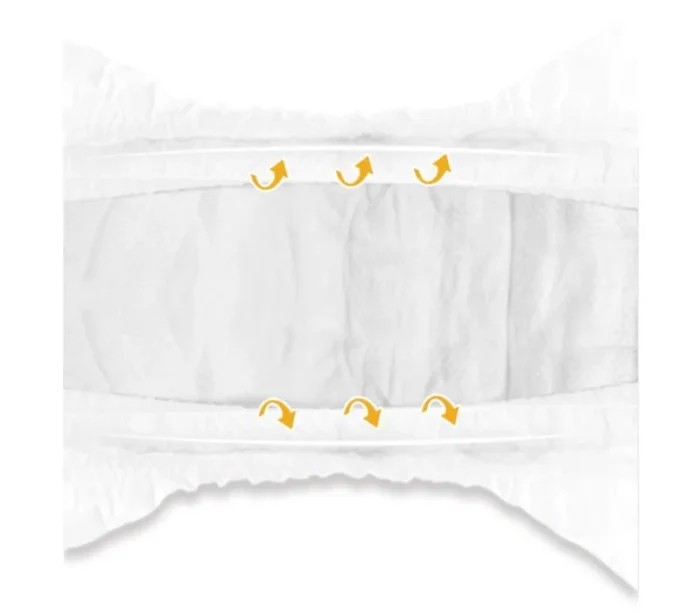 Puting Q-shape Baby Pants na may mga dilaw na arrow para sa adjustable waistband.