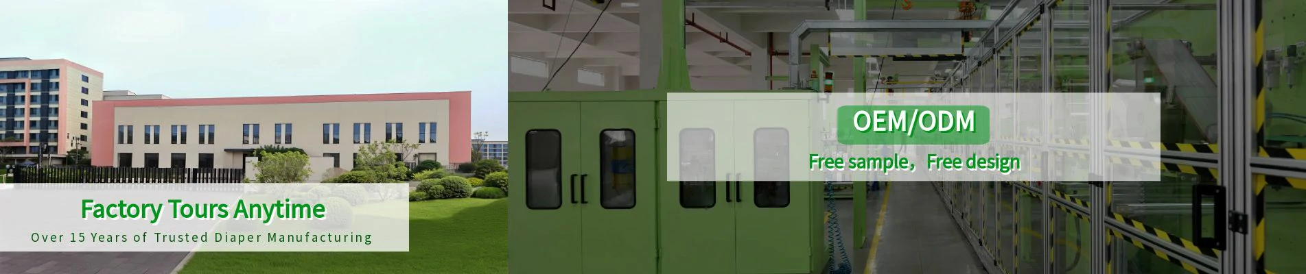 Banner para sa isang pahina ng produkto na may background sa harap ng pabrika ng Huikang pati na rin ang panloob na linya ng pagpupulong ng pabrika.