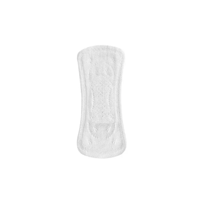 Isang makinis at puting sanitary pad sa isang purong puting background.