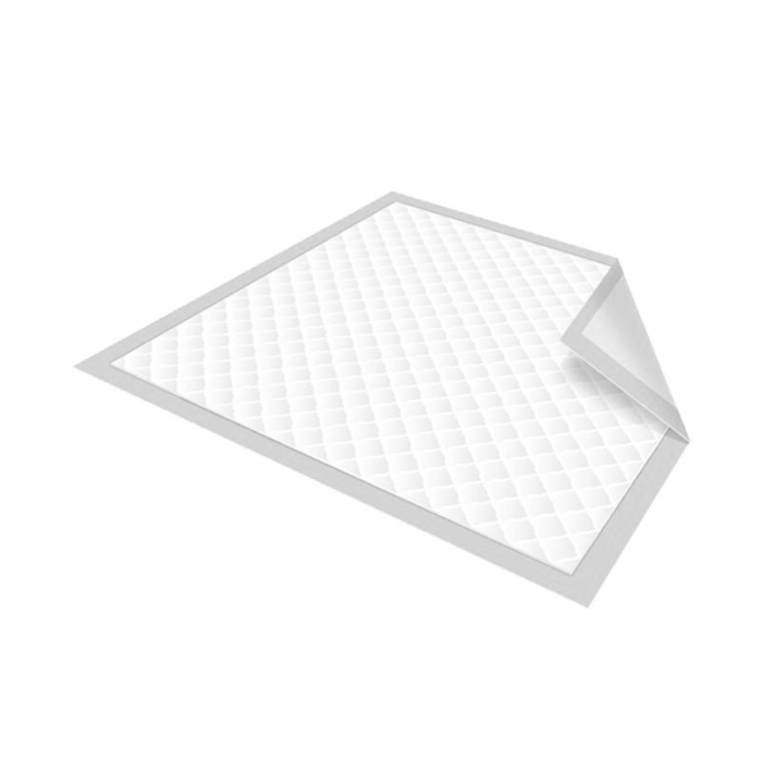 Isang disposable absorbent pad na may quilted pattern at nakatiklop na sulok.