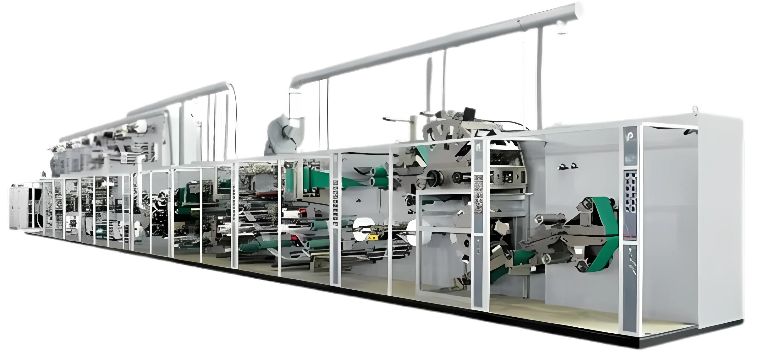 Pang-industriya na makina para sa pagproseso ng papel at mga materyales sa lampin na may iba't ibang mga roller.
