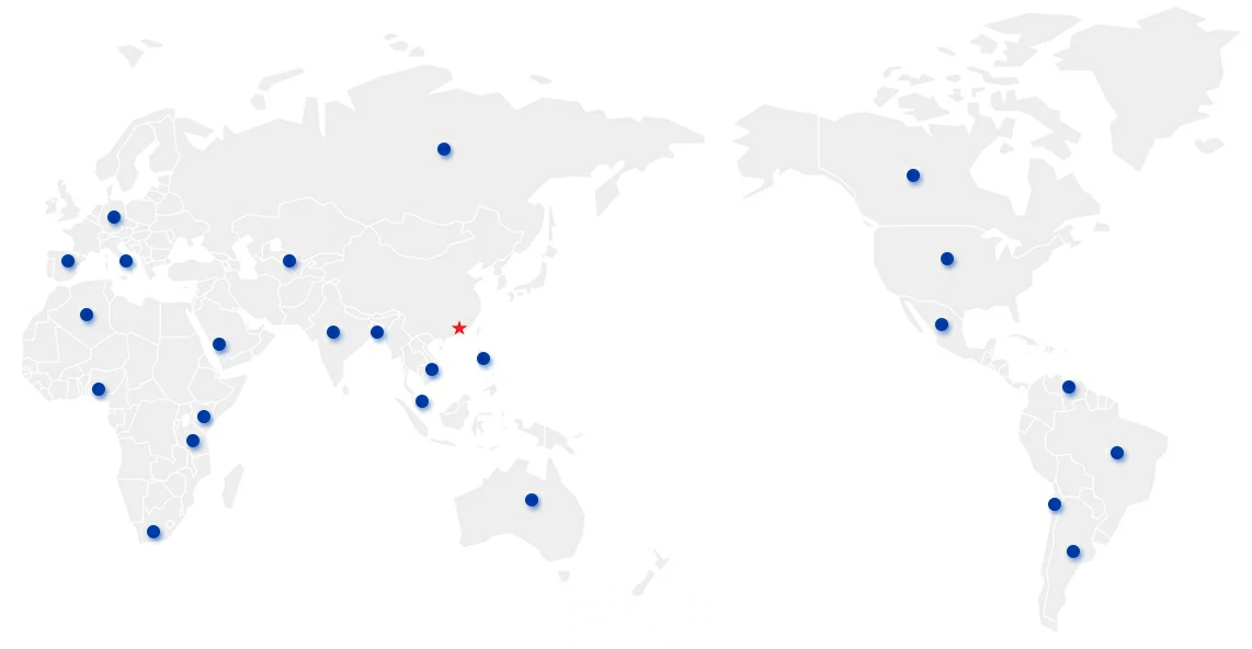 Mapa mundial con puntos azules y una estrella roja que marca Guangdong, China