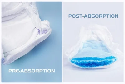 Baby diaper na may puting padding na may label na Pre-Absorption at asul na gel para sa Post-Absorption.