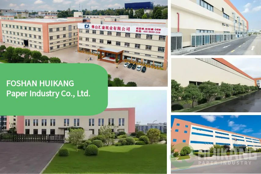 Collage de imágenes de FOSHAN HUIKANG Paper Industry Co., Ltd.: edificio principal con el cartel de la empresa, varios ángulos que muestran el exterior de las instalaciones, el camino de entrada, jardines verdes y una vista separada que resalta una gran estructura con bordes naranjas.