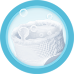Ilustración de un pañal suave con cintura elástica y burbujas, en un marco circular azul.