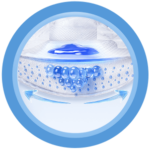 Ilustración del núcleo del pañal con cuentas de gel azules y flechas en un marco circular.