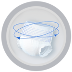 Ilustración de pantalones de pañal blancos con flechas que indican flexibilidad.