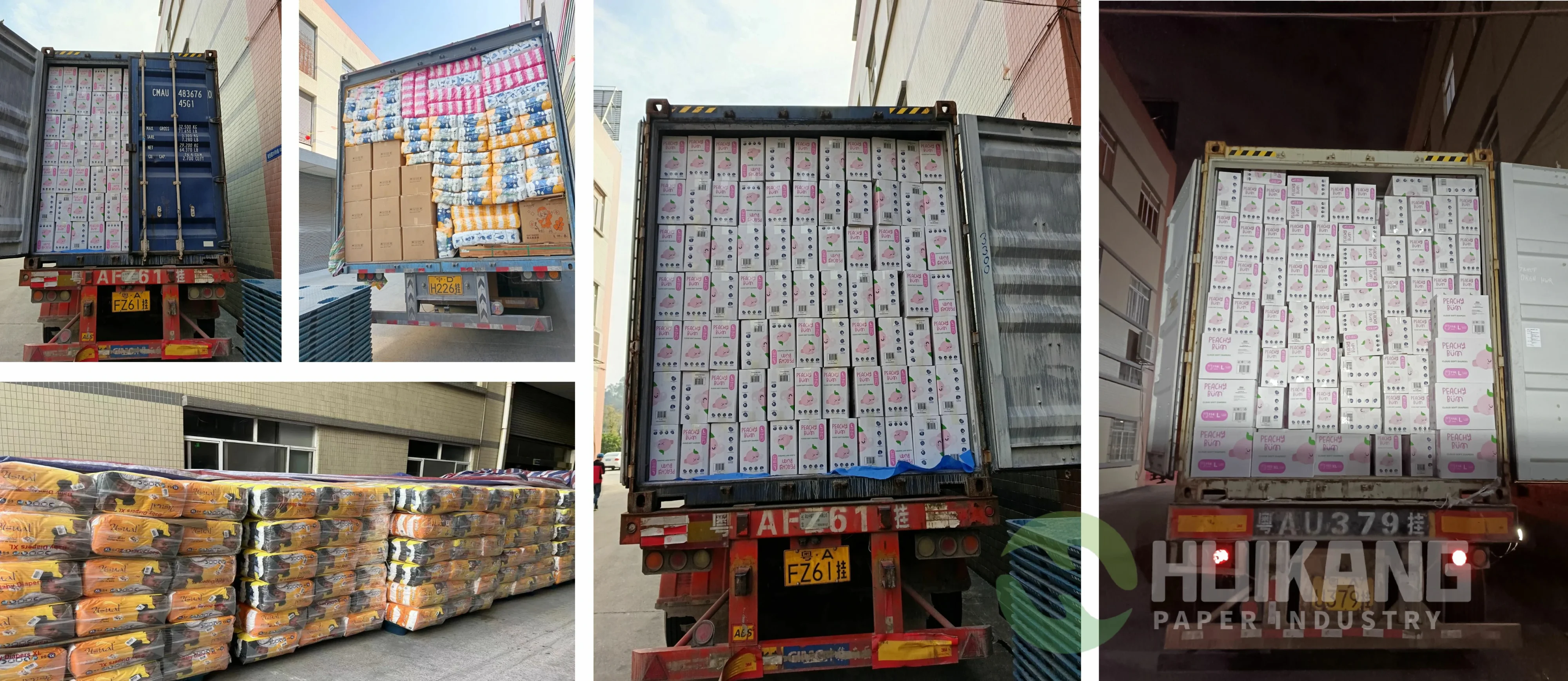 Varias imágenes muestran camiones de carga cargados con cajas de cartón y paquetes en una zona industrial. Las cajas incluyen suministros de Foshan HuiKang Paper Industry Co., Ltd., un reconocido fabricante de pañales, con el logotipo de la empresa visible en una imagen.
