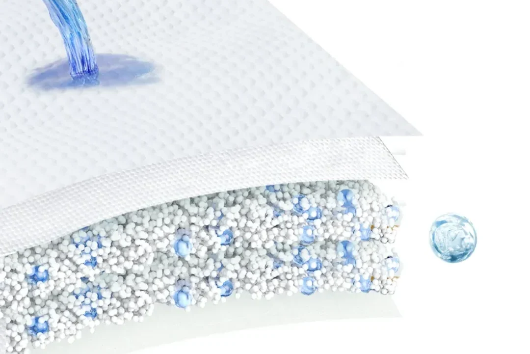 Ilustrasyon ng mga diaper na Multi-Layer Absorption Core na may mga asul na droplet na tumatakas.